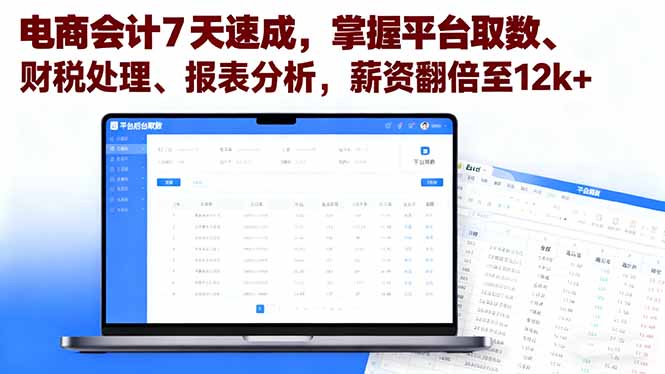 （16192期）电商会计7天速成，掌握平台取数、财税处理、报表分析，薪资翻倍至12k+众成网-学无止境-中创网zibi
