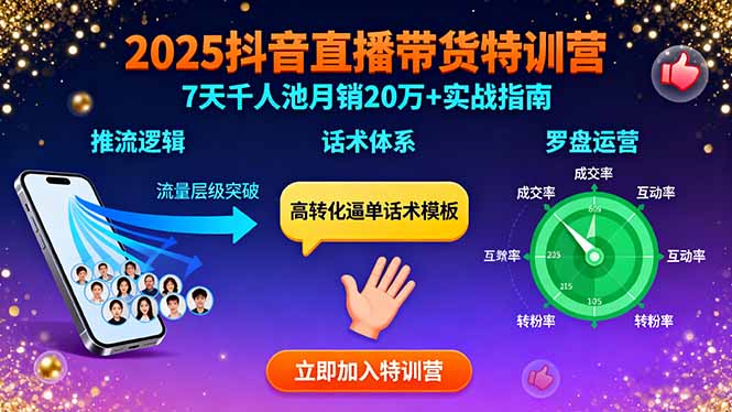 （15958期）2025抖音直播带货特训：推流逻辑、话术体系、罗盘运营,7天千人池月销20万+众成网-学无止境-中创网zibi