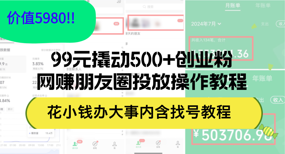 （12431期）99元撬动500+创业粉，网赚朋友圈投放操作教程价值5980！花小钱办大事内...众成网-学无止境-中创网zibi